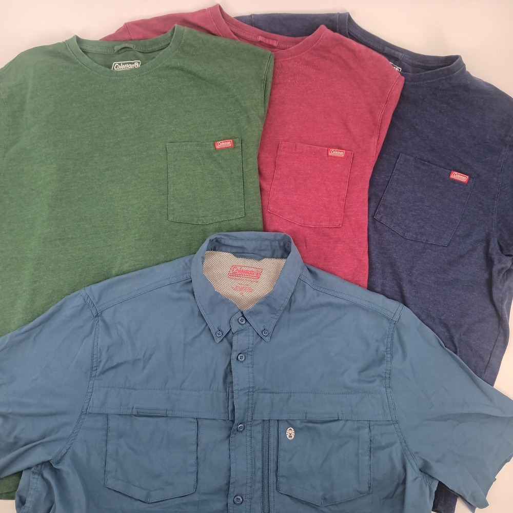 Coleman Lot 4 XL Fishing Vented Button Down and 3 Pocket T-Shirts Blue Green Red